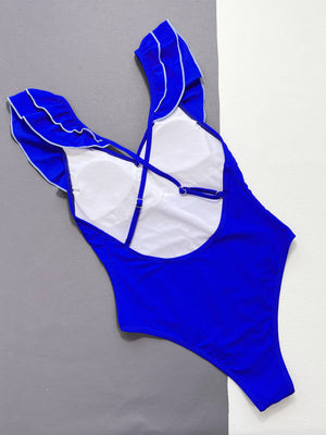 Royal blue one-piece swimsuit with ruffled edge straps and cross-back detail.