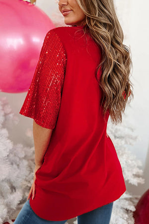 Red oversized tee with sequin sleeves
