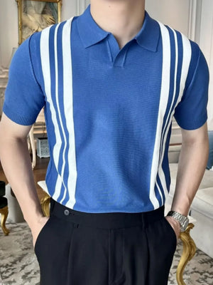 Blue knit polo shirt with vertical white stripes and short sleeves.