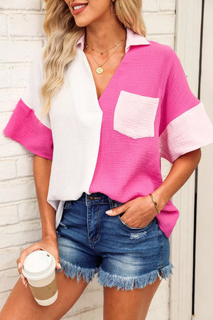 Chic color block cotton casual shirt with pocket, white and hot pink.