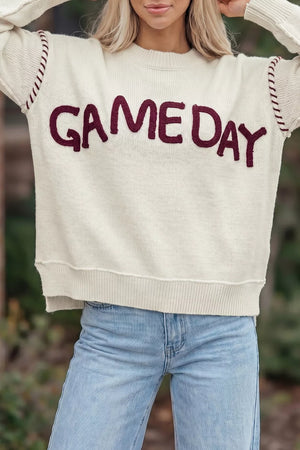 Drop Shoulder Game Day Letter Sweater in White, front view