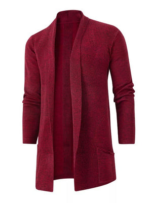 Burgundy heathered longline cardigan with pockets and open front.