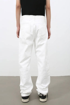 Relaxed ivory denim jeans with a modern straight leg cut and classic five-pocket styling.