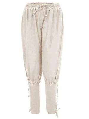 Beige drawstring trousers with lace-up hem detail