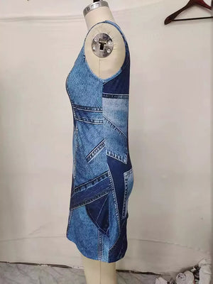 Patchwork Denim Sleeveless Mini Dress, back view