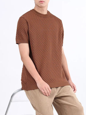 Men's coffee diamond knit short sleeve tee with ribbed neckline and cuffs.