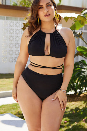 Black halter bikini set with keyhole neckline and high-waist bottoms.