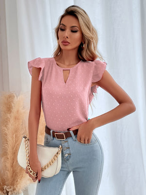 Blush pink dotted Swiss keyhole ruffle sleeve blouse with a v-neckline.