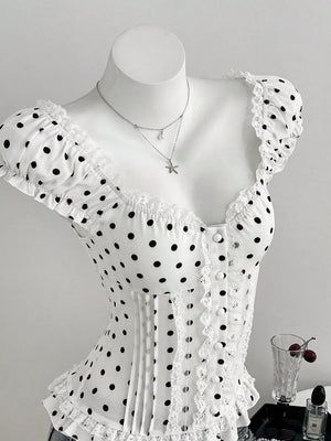 Polka Dot Lace Trim Cap Sleeve Blouse, side view
