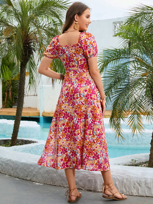 Floral puff sleeve midi dress with square neckline and A-line skirt in multicolor blooms.