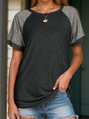 Raglan sleeve tee in dark gray and black with a crew neck and short sleeves.