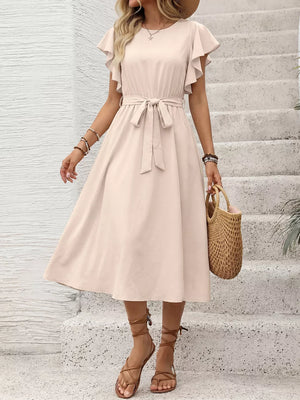 Beige midi dress with ruffled sleeves, tie waist, and button-down front.