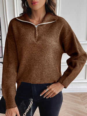 Chestnut zip-up knit sweater with contrast collar and long sleeves.