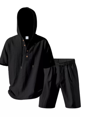 Black linen blend hooded top with button neck and drawstring shorts.