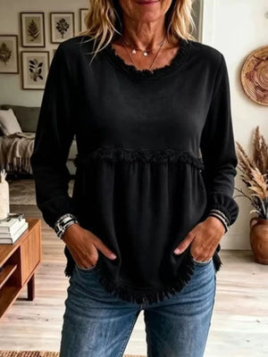 Velvet Fringe Long Sleeve Blouse in Black, model styling view