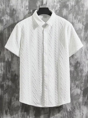 White knit polo shirt with cable knit texture and short sleeves