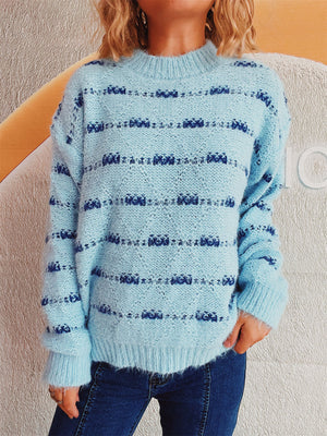 Pastel blue textured stripe crew neck sweater with fuzzy acrylic knit.