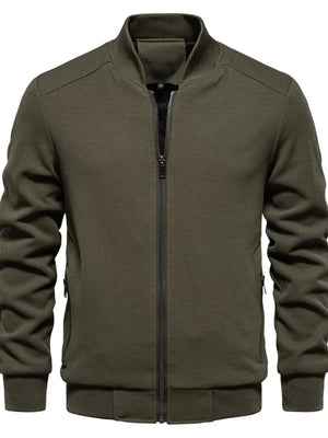 Textured knit bomber jacket in Army Green with faux shearling lining and zip pockets.