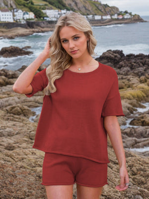 Scarlet textured knit co-ord set with relaxed fit top and shorts.