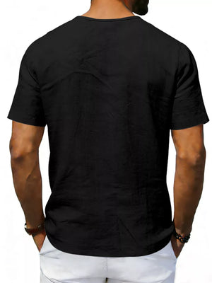 Black V-neck linen tee with short sleeves, shown from the back on a man.
