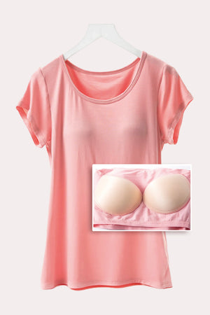 Pink short sleeve t-shirt with built-in bralette cups and scoop neck.