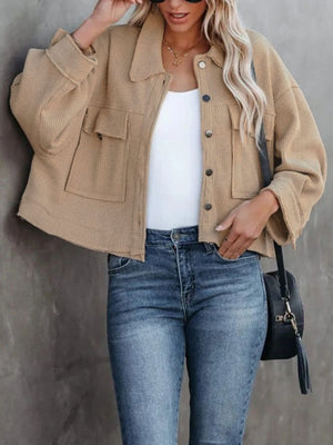 Camel waffle knit cropped utility jacket with button front and chest pockets