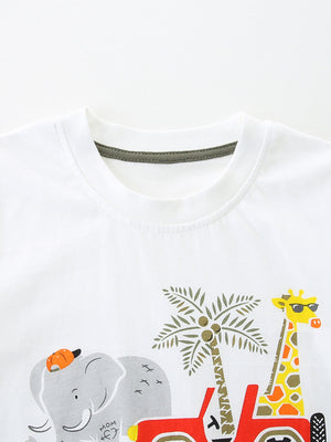 White cotton baby tee with safari graphic of elephant, giraffe, palm tree and jeep.