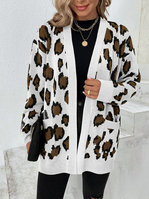 Leopard print open-front knit cardigan with white trim and pockets.