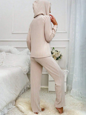 Ribbed knit hooded loungewear set in Dust Storm, with long sleeves and wide-leg pants.