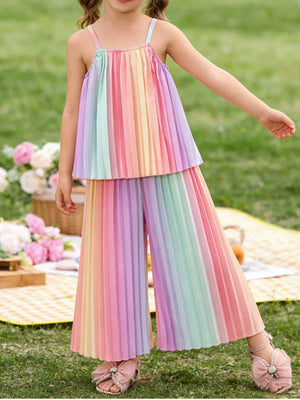 Pastel rainbow pleated cami and wide-leg pants set for baby girls.