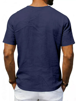 Navy V-neck linen tee, short sleeves, relaxed fit, breathable fabric.