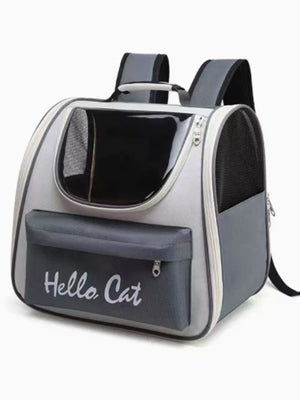 Grey transparent pet carrier backpack with mesh sides and "Hello Cat" text.