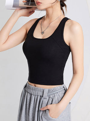 Black sculpted back crop tank with scoop neck and racerback detail