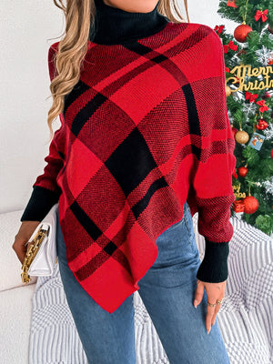 Deep Red acrylic turtleneck poncho sweater with black plaid pattern and asymmetric hem.
