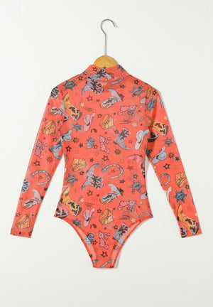 Orange mesh bodysuit with western print, long sleeves, and mock neck.