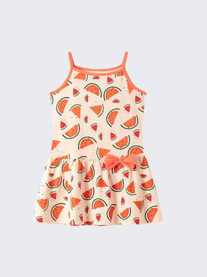 Toddler sundress with watermelon print, orange trim, and bow detail.