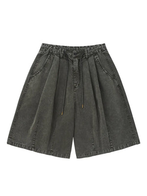 Dark gray cotton wide-leg chino shorts for men with drawstring waist and pleats.