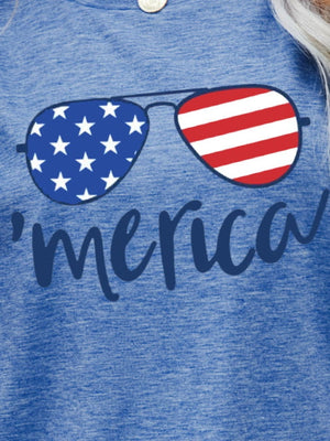 Cobalt blue heather t-shirt with patriotic sunglasses graphic and 'merica script.