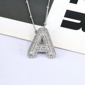 Silver bubble initial A necklace paved with clear crystals on a delicate chain