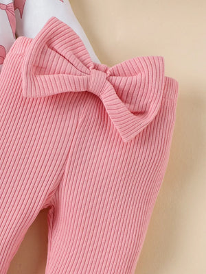 Children's Bow Print Bodysuit And Pants Set in Pink, back view