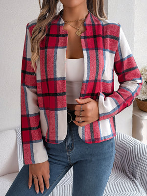 Collarless plaid cropped jacket in red, white, and blue, open front, long sleeves.