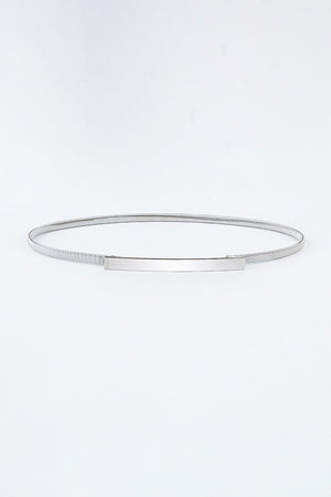 Slimline silver metal waist belt with a rectangular buckle detail.