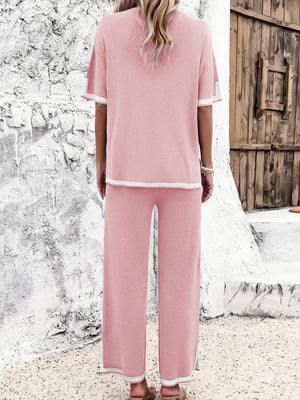 Dusty Pink knit co-ord set with contrast trim on short sleeves and wide leg pants.