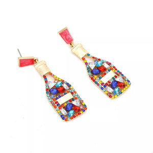 Champagne bottle drop earrings with colorful rhinestones and red tops.