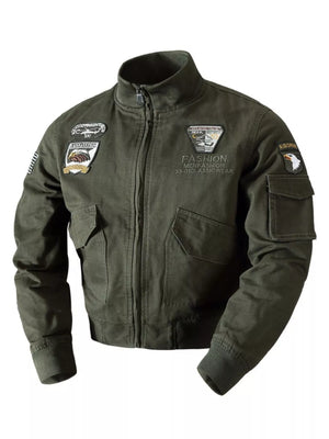 Army green cotton bomber jacket with patches and utility pockets