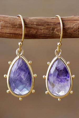 Amethyst teardrop earrings with gold detailing and beaded accents