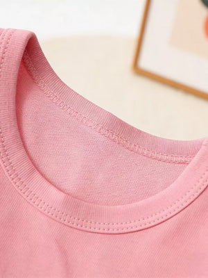 Pink cotton baby top with crew neck and detailed stitching.