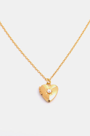 Gold heart locket necklace with pearl detail and 14k gold chain