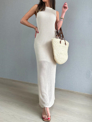 Beige open-knit column dress with side slit, sleeveless, crew neck, acrylic.
