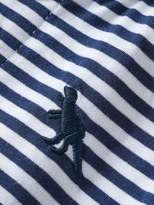 Toddler polo shirt and shorts set in navy and white stripes with dinosaur embroidery.